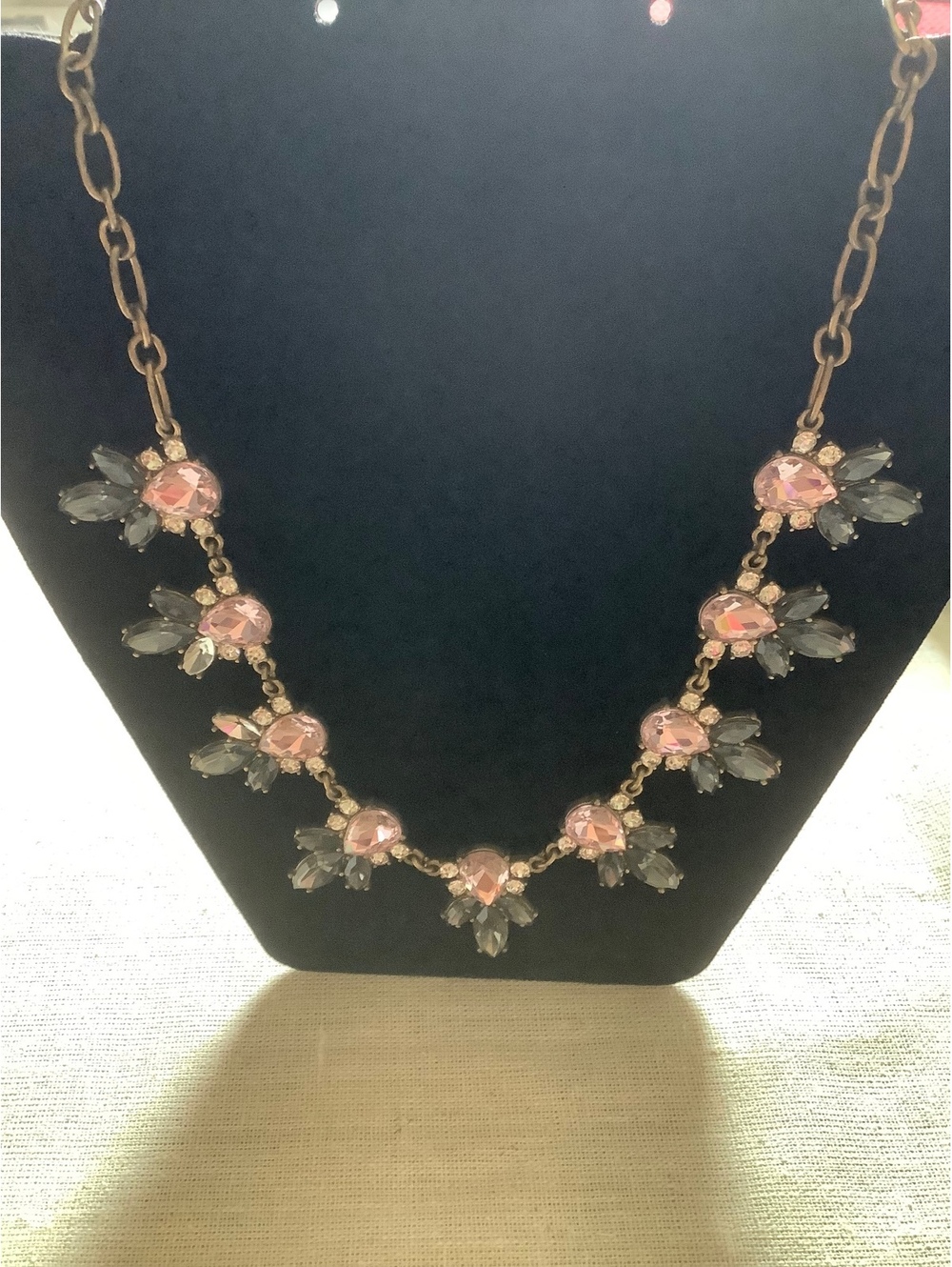 J.Crew Statement Necklace Pink Gray Crystal Rhinestone Gold Tone Bib Necklace
